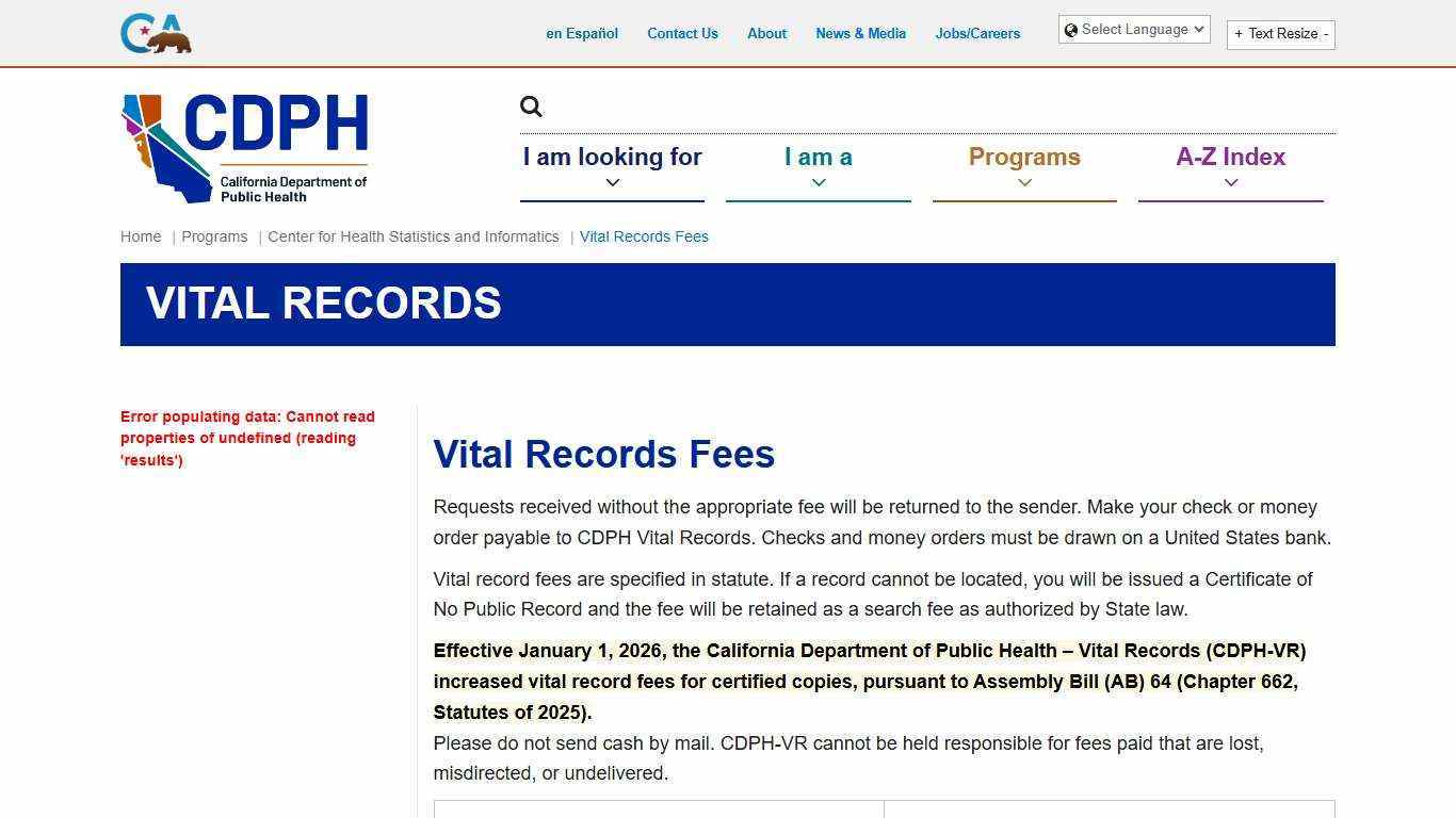 Vital Records Fees