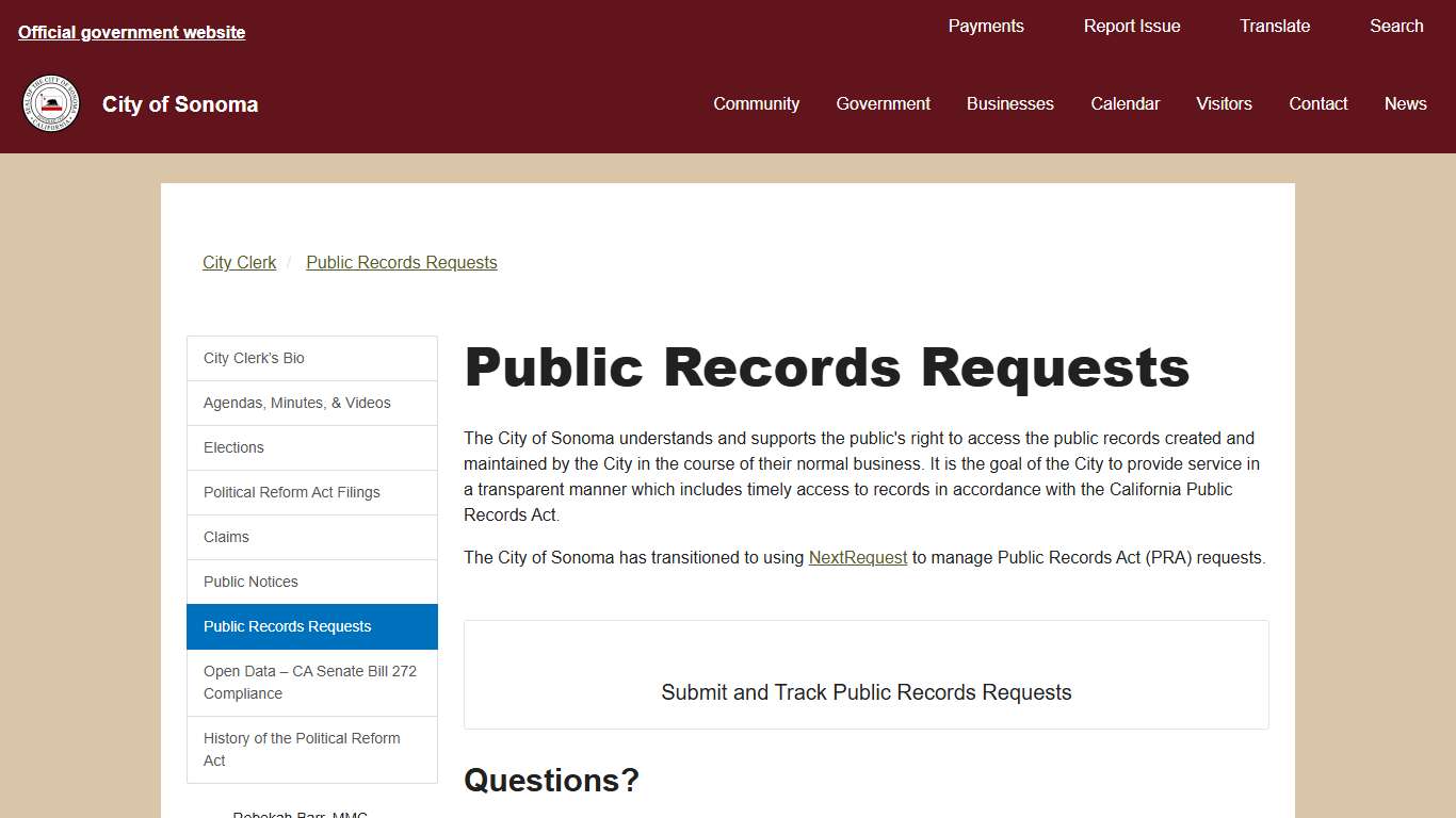 Public Records Requests - City of Sonoma